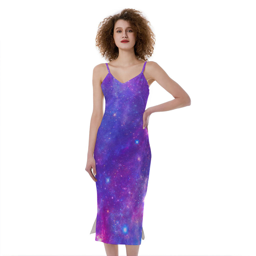 Purple Stardust Cloud Galaxy Space Print Slim Fit Midi Cami Dress