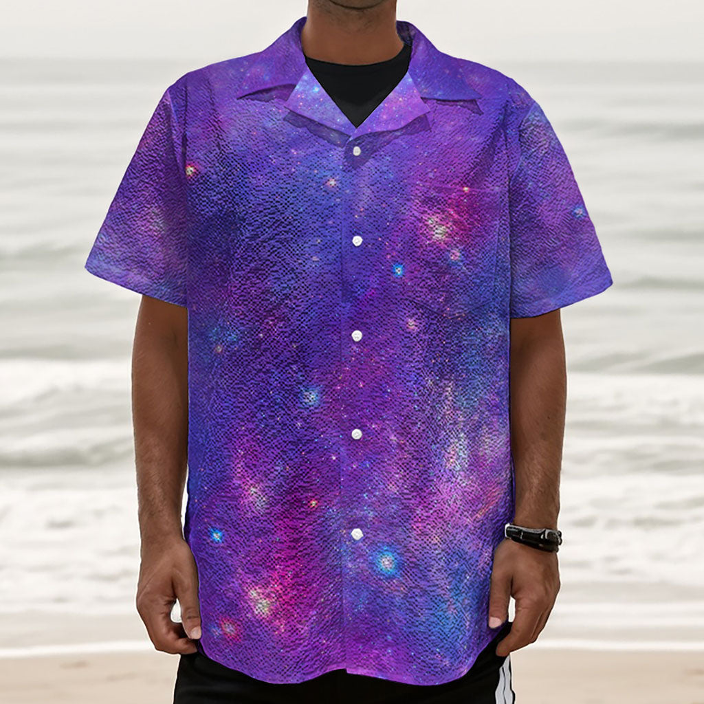 Purple Stardust Cloud Galaxy Space Print Textured Short Sleeve Shirt