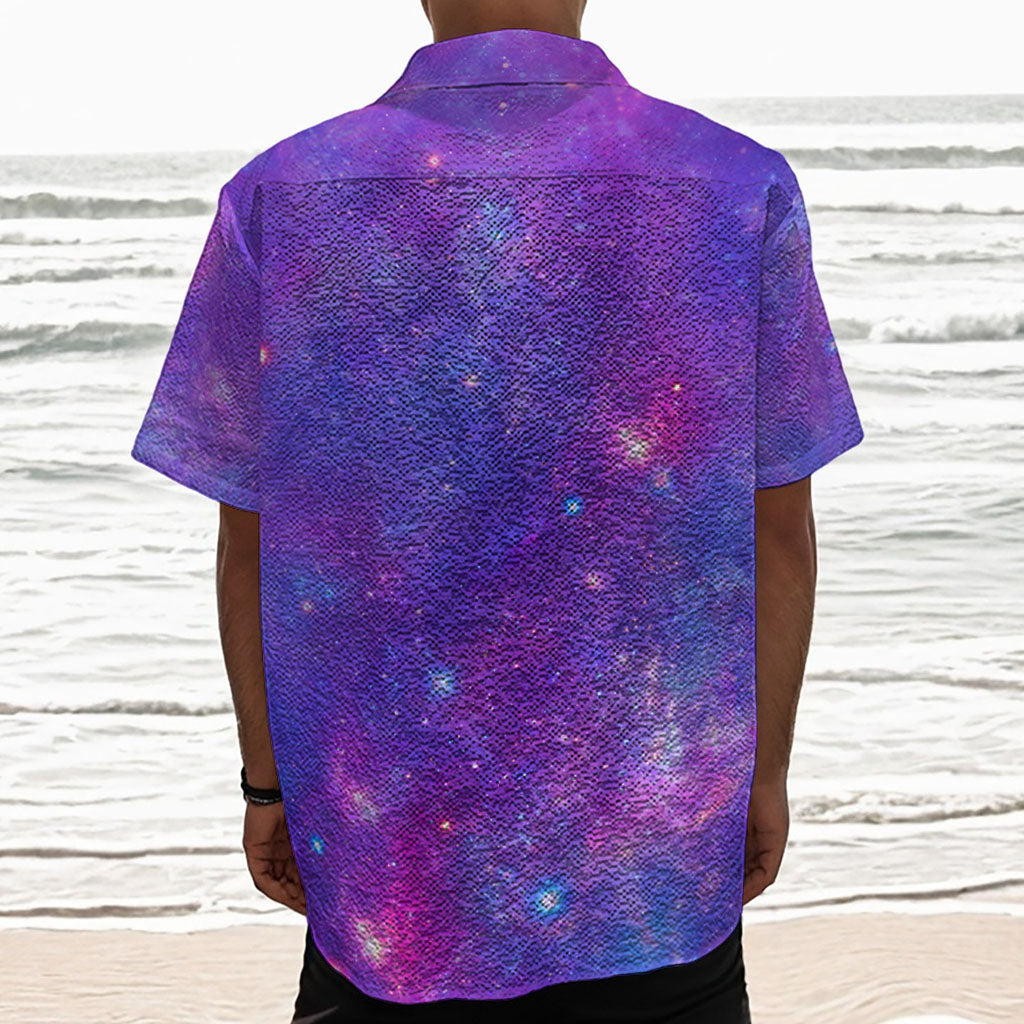 Purple Stardust Cloud Galaxy Space Print Textured Short Sleeve Shirt