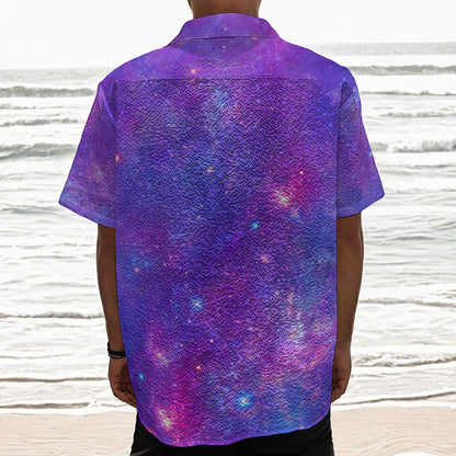 Purple Stardust Cloud Galaxy Space Print Textured Short Sleeve Shirt