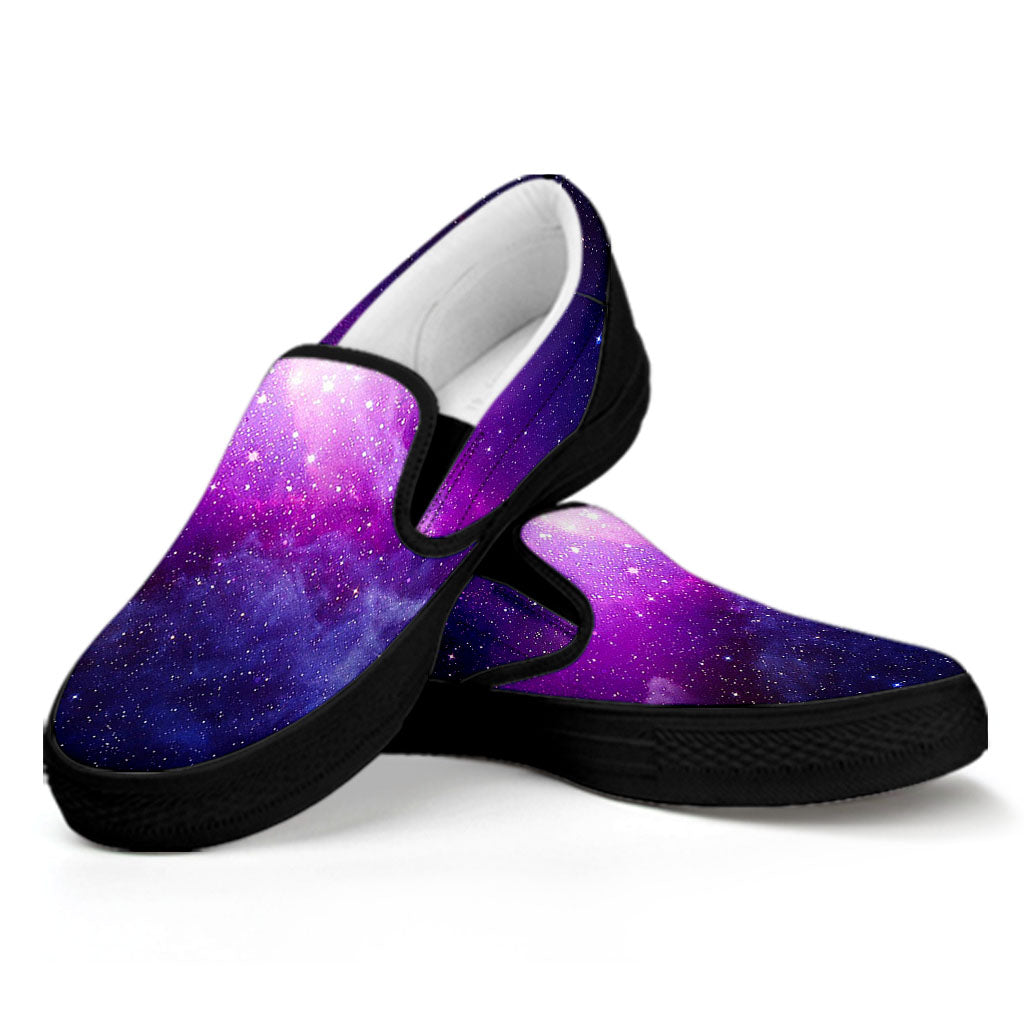 Purple Starfield Galaxy Space Print Black Slip On Sneakers