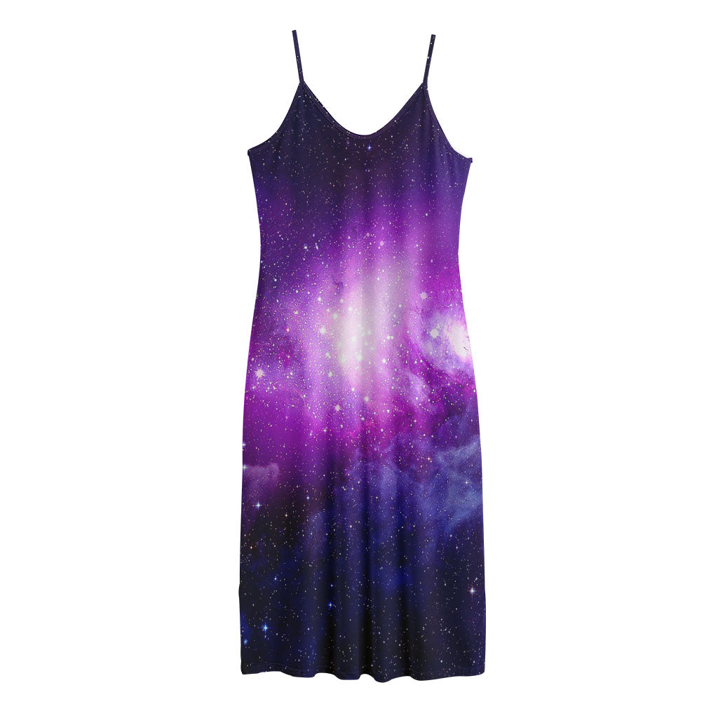 Purple Starfield Galaxy Space Print Jersey Midi Cami Dress
