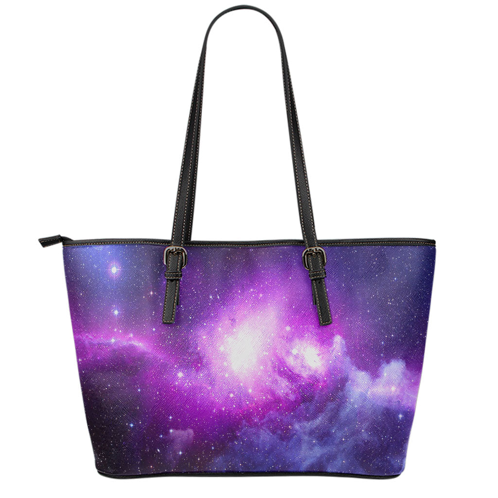 Purple Starfield Galaxy Space Print Leather Tote Bag