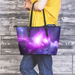 Purple Starfield Galaxy Space Print Leather Tote Bag