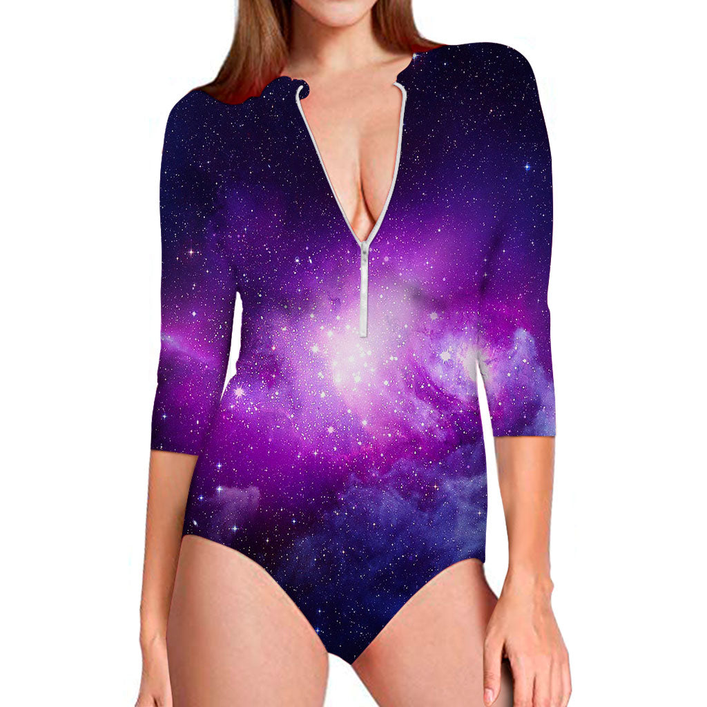 Purple Starfield Galaxy Space Print Long Sleeve Swimsuit