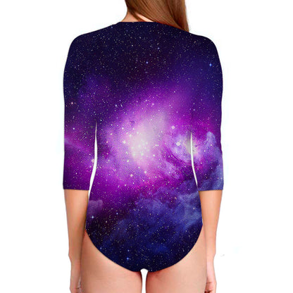 Purple Starfield Galaxy Space Print Long Sleeve Swimsuit