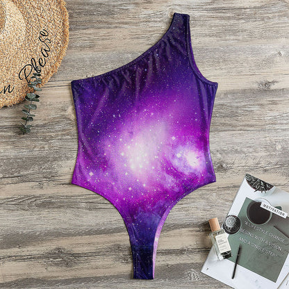 Purple Starfield Galaxy Space Print One Shoulder Bodysuit