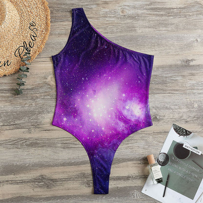 Purple Starfield Galaxy Space Print One Shoulder Bodysuit