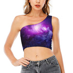 Purple Starfield Galaxy Space Print One Shoulder Crop Top