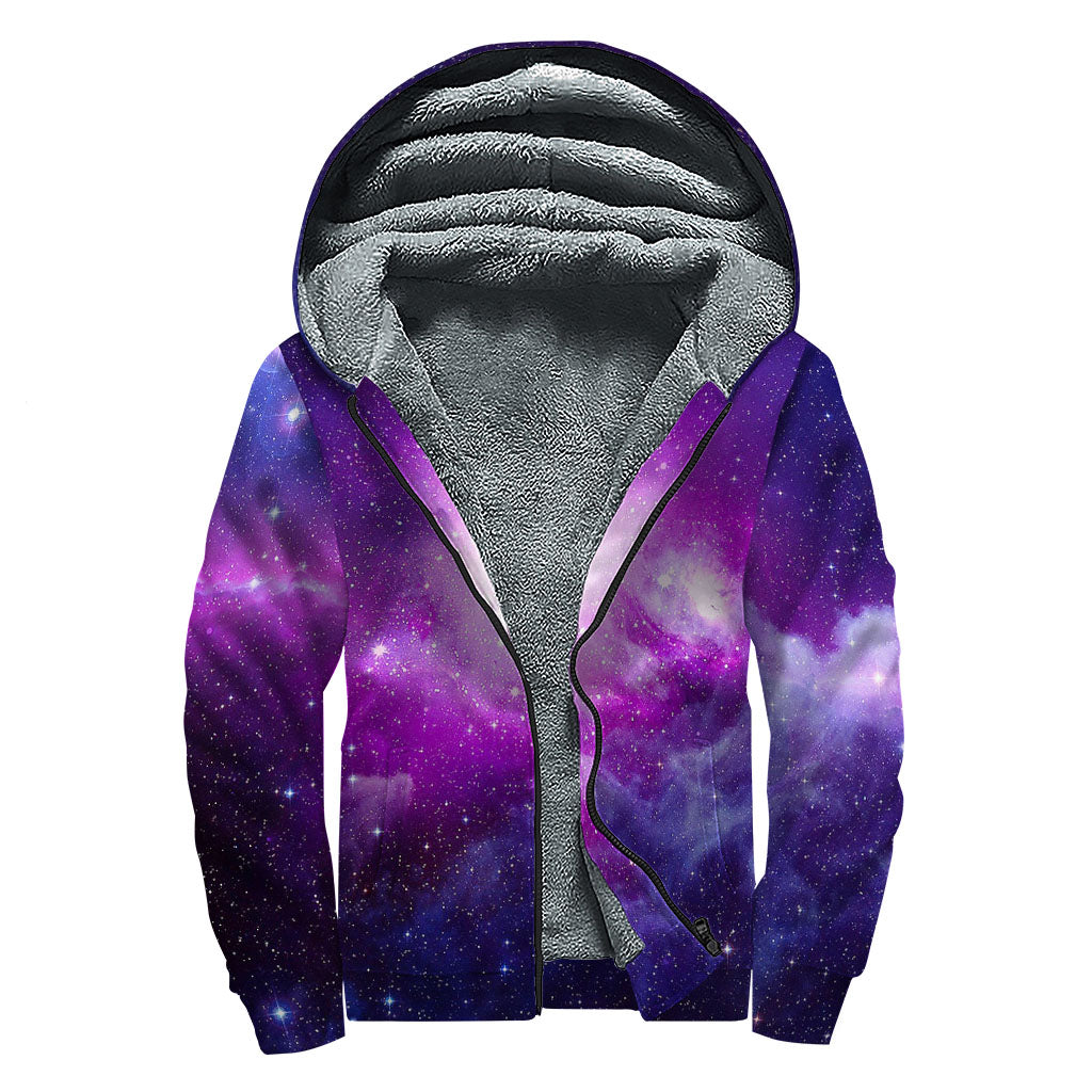 Purple Starfield Galaxy Space Print Sherpa Lined Zip Up Hoodie