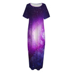 Purple Starfield Galaxy Space Print Short Sleeve Long Nightdress