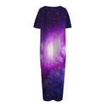 Purple Starfield Galaxy Space Print Short Sleeve Long Nightdress