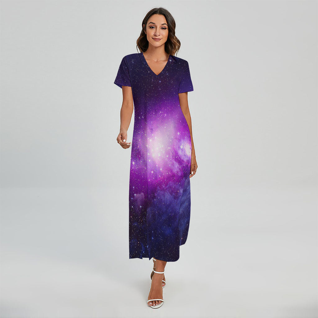 Purple Starfield Galaxy Space Print Short Sleeve Maxi Dress