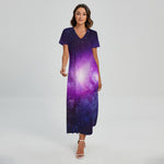 Purple Starfield Galaxy Space Print Short Sleeve Maxi Dress
