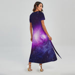 Purple Starfield Galaxy Space Print Short Sleeve Maxi Dress