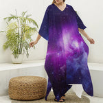 Purple Starfield Galaxy Space Print Silk V-Neck Kaftan Dress