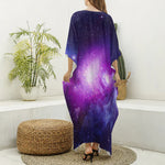 Purple Starfield Galaxy Space Print Silk V-Neck Kaftan Dress