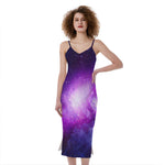 Purple Starfield Galaxy Space Print Slim Fit Midi Cami Dress