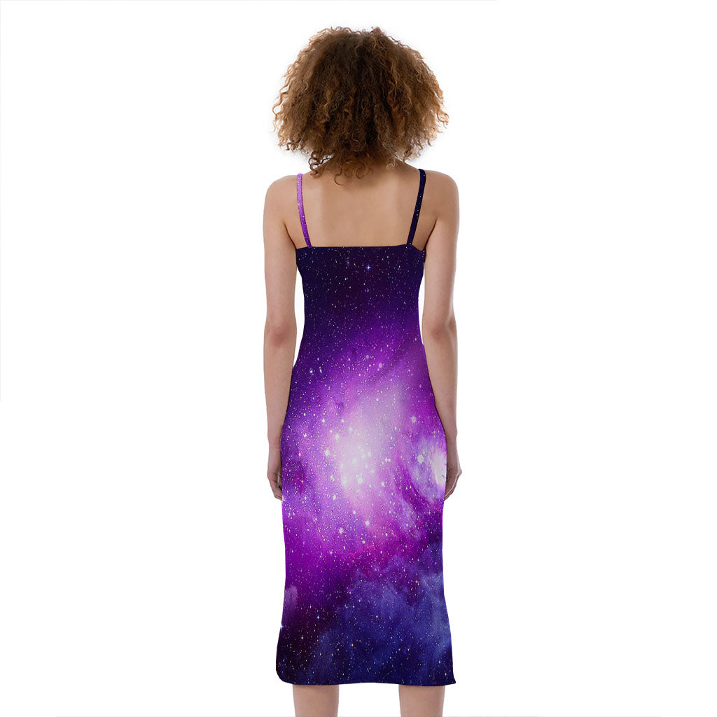 Purple Starfield Galaxy Space Print Slim Fit Midi Cami Dress