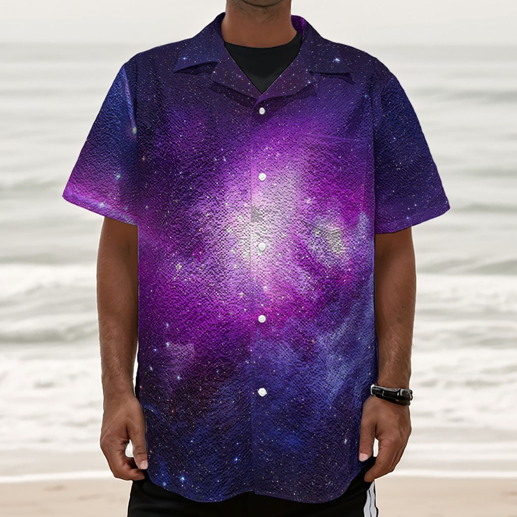 Purple Starfield Galaxy Space Print Textured Short Sleeve Shirt