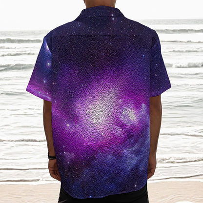 Purple Starfield Galaxy Space Print Textured Short Sleeve Shirt