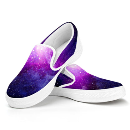 Purple Starfield Galaxy Space Print White Slip On Sneakers
