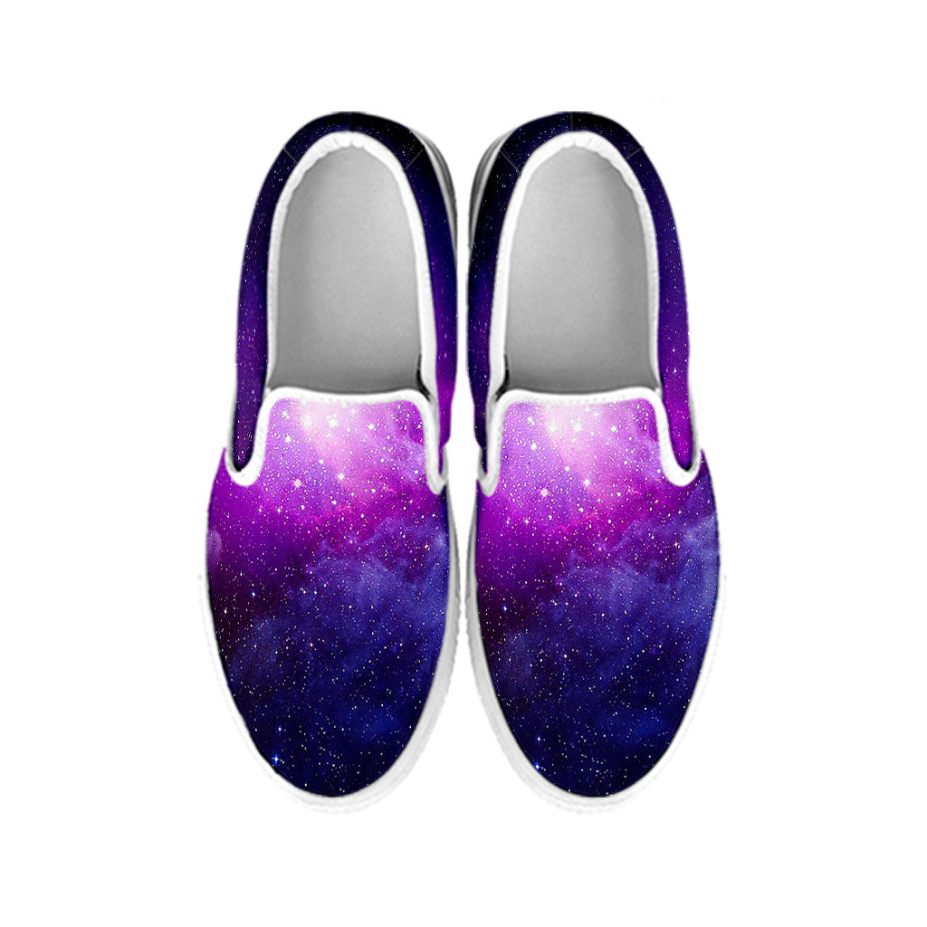 Purple Starfield Galaxy Space Print White Slip On Sneakers