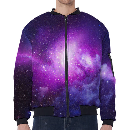 Purple Starfield Galaxy Space Print Zip Sleeve Bomber Jacket