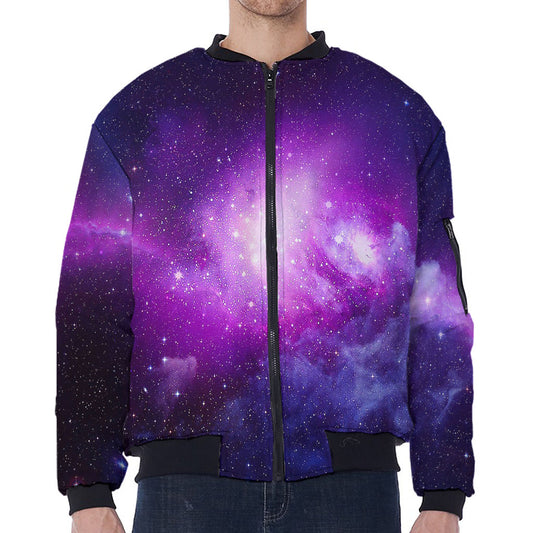 Purple Starfield Galaxy Space Print Zip Sleeve Bomber Jacket