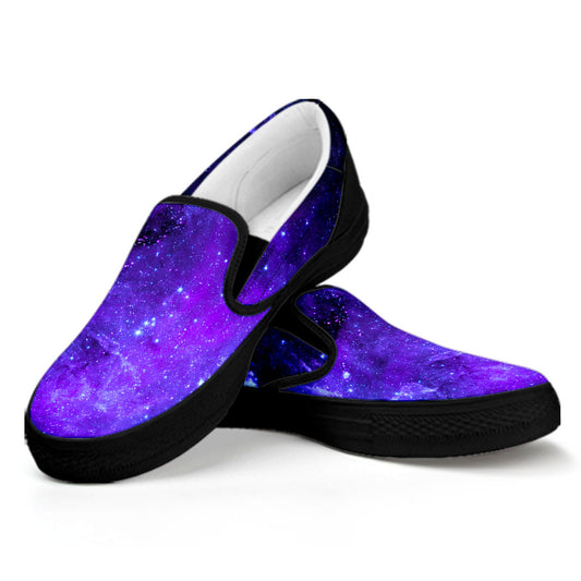 Purple Stars Nebula Galaxy Space Print Black Slip On Sneakers