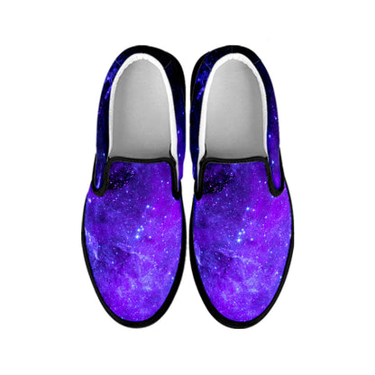 Purple Stars Nebula Galaxy Space Print Black Slip On Sneakers