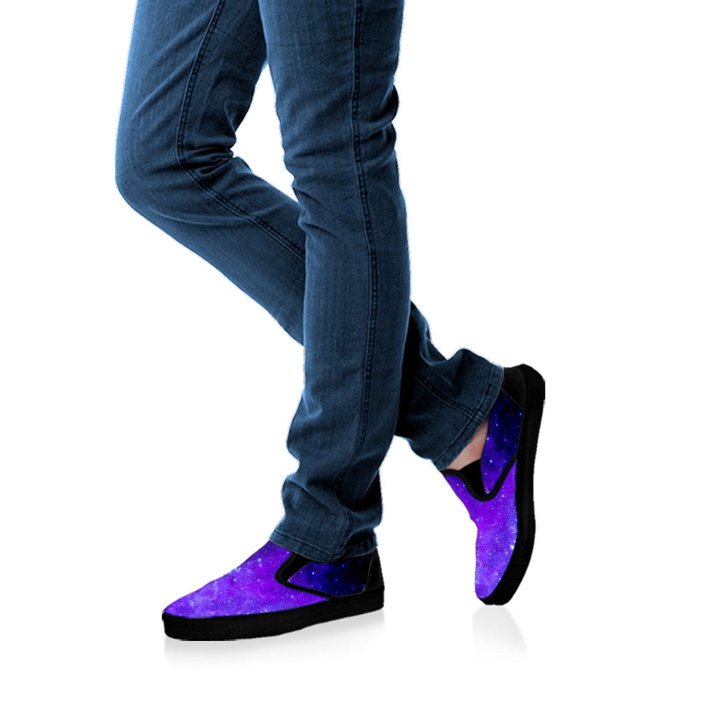 Purple Stars Nebula Galaxy Space Print Black Slip On Sneakers