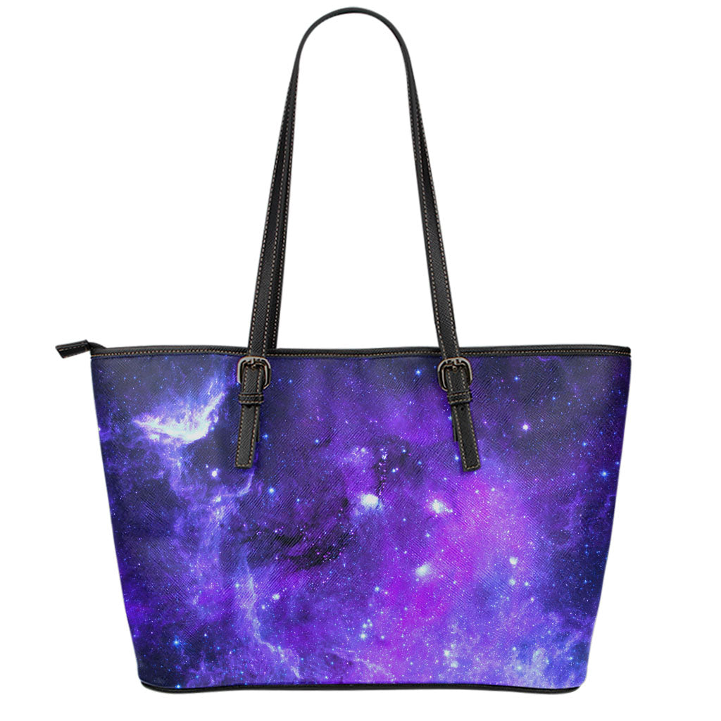 Purple Stars Nebula Galaxy Space Print Leather Tote Bag