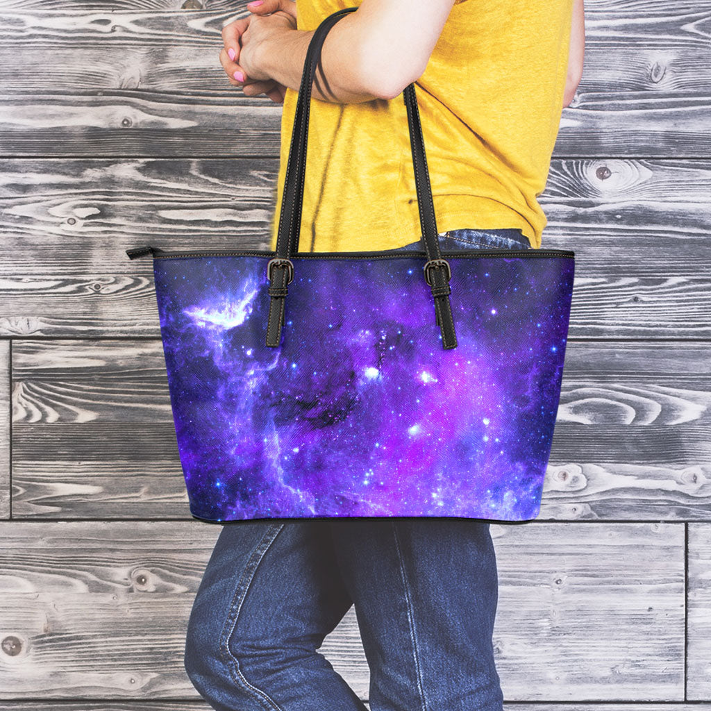 Purple Stars Nebula Galaxy Space Print Leather Tote Bag