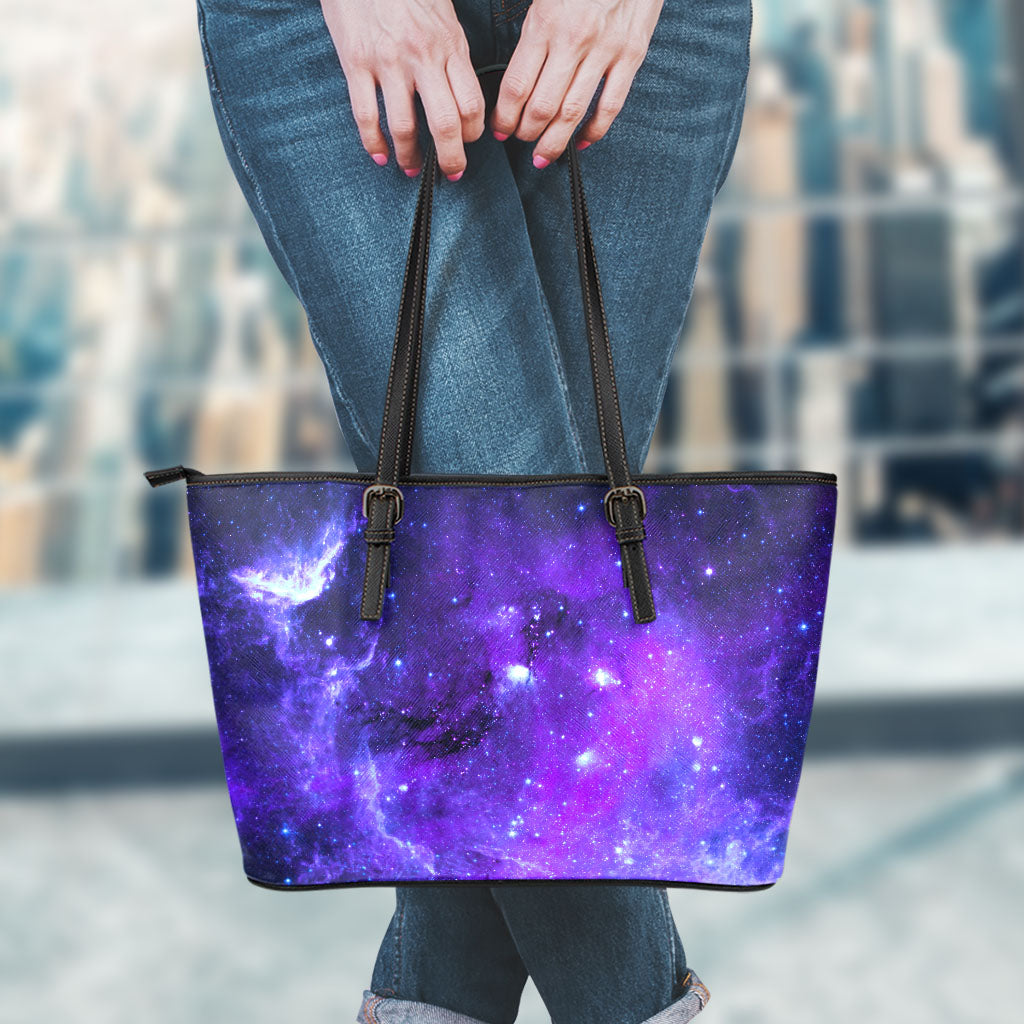 Purple Stars Nebula Galaxy Space Print Leather Tote Bag