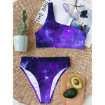 Purple Stars Nebula Galaxy Space Print One Shoulder Bikini Top