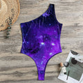 Purple Stars Nebula Galaxy Space Print One Shoulder Bodysuit