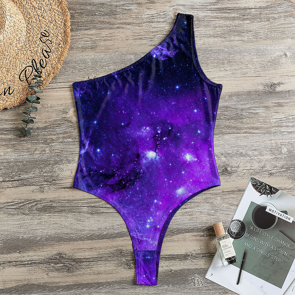 Purple Stars Nebula Galaxy Space Print One Shoulder Bodysuit