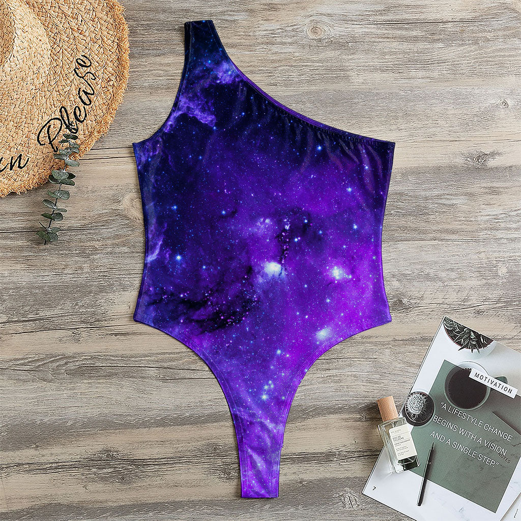 Purple Stars Nebula Galaxy Space Print One Shoulder Bodysuit