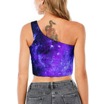 Purple Stars Nebula Galaxy Space Print One Shoulder Crop Top