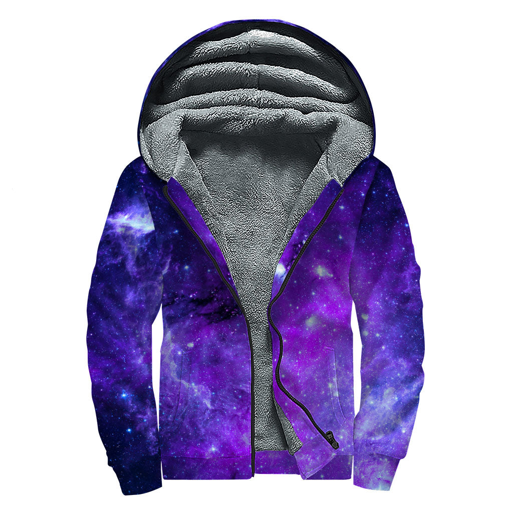 Purple Stars Nebula Galaxy Space Print Sherpa Lined Zip Up Hoodie