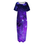 Purple Stars Nebula Galaxy Space Print Short Sleeve Long Nightdress