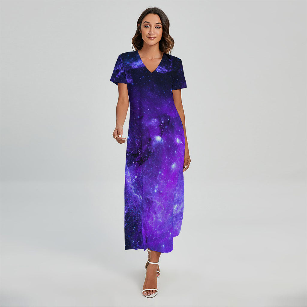 Purple Stars Nebula Galaxy Space Print Short Sleeve Maxi Dress