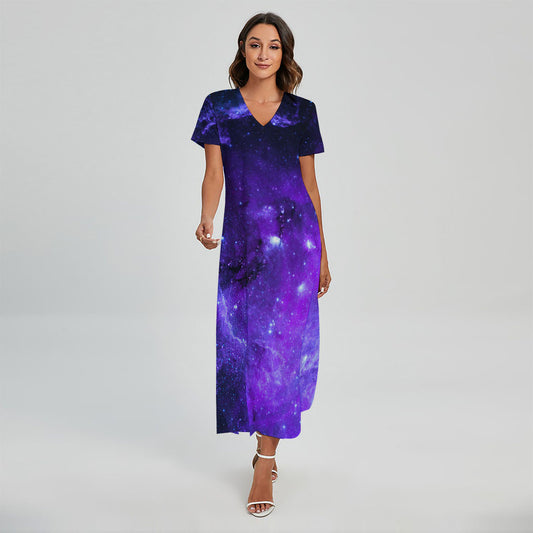 Purple Stars Nebula Galaxy Space Print Short Sleeve Maxi Dress