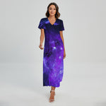 Purple Stars Nebula Galaxy Space Print Short Sleeve Maxi Dress