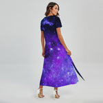 Purple Stars Nebula Galaxy Space Print Short Sleeve Maxi Dress