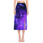Purple Stars Nebula Galaxy Space Print Side Slit Midi Skirt