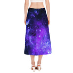 Purple Stars Nebula Galaxy Space Print Side Slit Midi Skirt