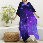 Purple Stars Nebula Galaxy Space Print Silk V-Neck Kaftan Dress