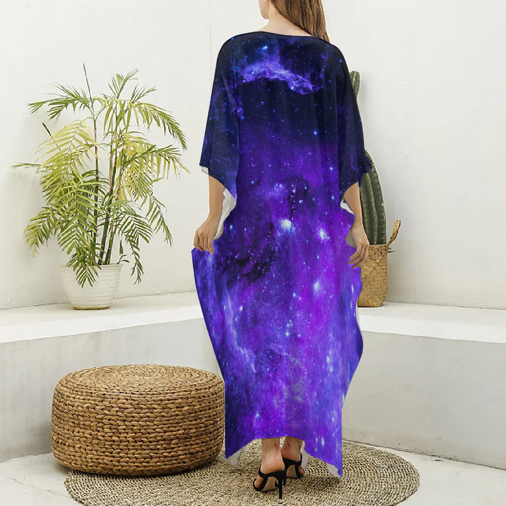 Purple Stars Nebula Galaxy Space Print Silk V-Neck Kaftan Dress
